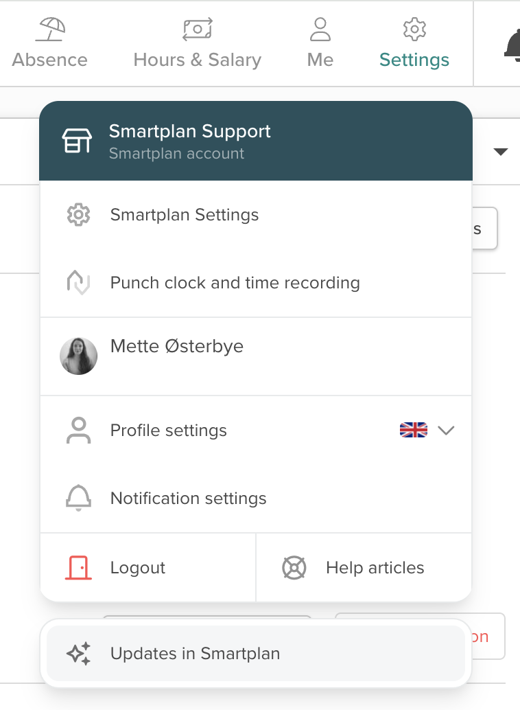 Afbeelding van de sectie Updates in Smartplan in het instellingenmenu